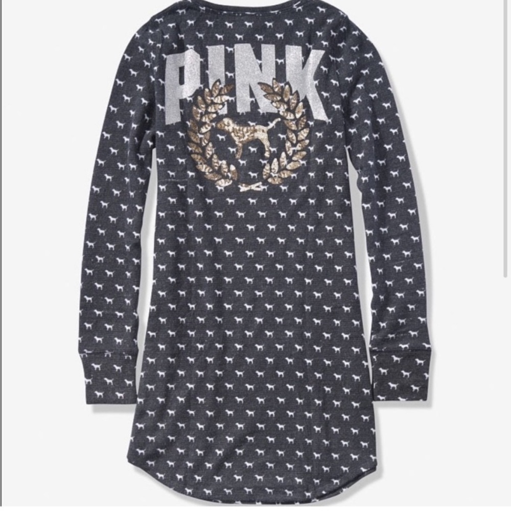 Victoria's Secret PINK Cozy Sleep Shirt Dress Gray Dog Logo Glitter Sequin M